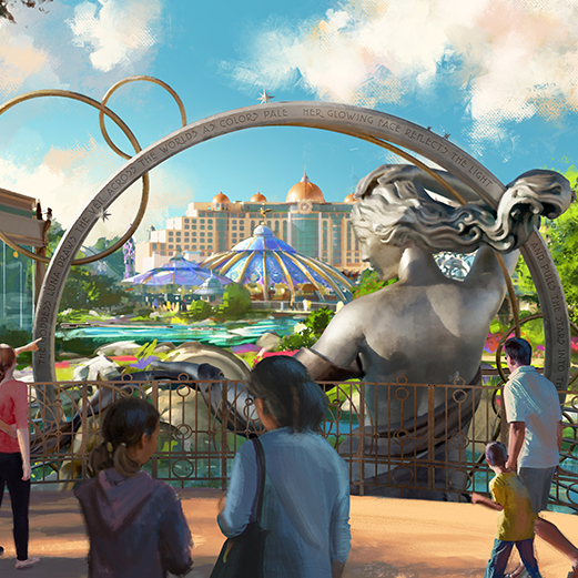 Gold Compass with dark blue center. Text Universal Epic Universe appears on top of it.