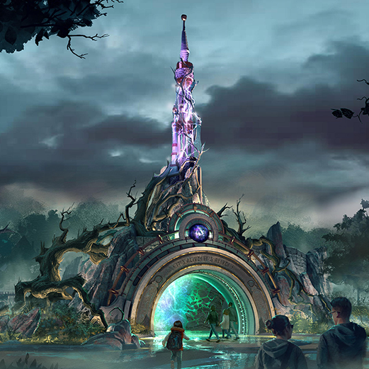 Gold Compass with dark blue center. Text Universal Epic Universe appears on top of it.