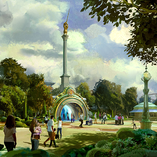 Gold Compass with dark blue center. Text Universal Epic Universe appears on top of it.