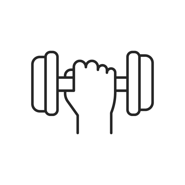A black and white icon showing a hand grasping a dumbbell.