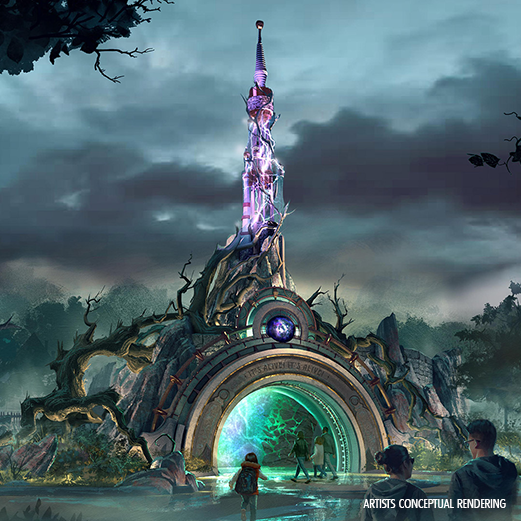 Gold Compass with dark blue center. Text Universal Epic Universe appears on top of it.